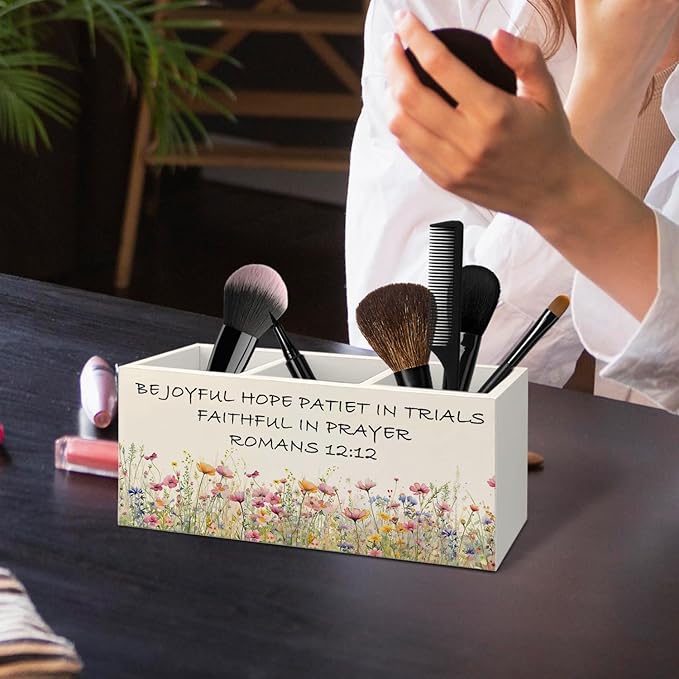 Floral Christian Wooden Utensils Holder, Wildflower Romans 12:12 Bible Verse Wood Cooking Utensil Holder Organizer for Kitchen Countertop Counter Decor Accessories