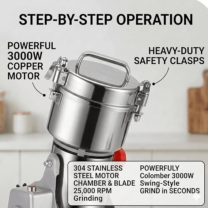 Electric Grain Mill Grinder 800g, High-Speed 110V Stainless Steel Grain Grinder for Flour, Dry Spices, Herbs, Coffee, Rice & Pepper, with 270° Swing Design & Powerful Motor (800g)