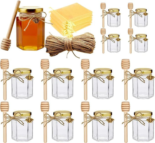 Adabocute 4oz Hexagonal Honey Jars - Glass Honey Jars with Gold Lids, Wooden Dippers, Bee Charms and Jutes - Hexagon Jars for Baby Shower, Wedding and Party Favors, 12 Pack