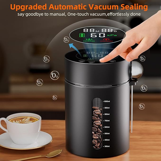 Automatic Vacuum Coffee Canister, 1.3L Airtight Food Storage Containers with Smart Pressure Sensor, Electric Coffee Bean Container Rechargeable with LED Display Window for Home Kitchen Food Storage