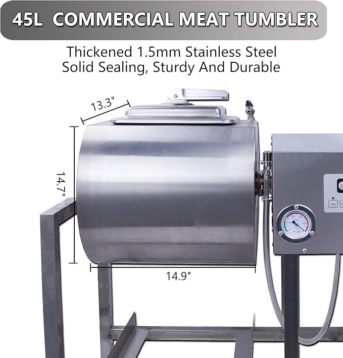 Hakka Commercial Meat Tumbler 90lb/45 liters - Vacuum Curing Machine for Jerky, Sausage, Bacon & More - Stainless Steel Food-Grade Tumbling Marinator w/Bidirectional Rotation & Speed Control