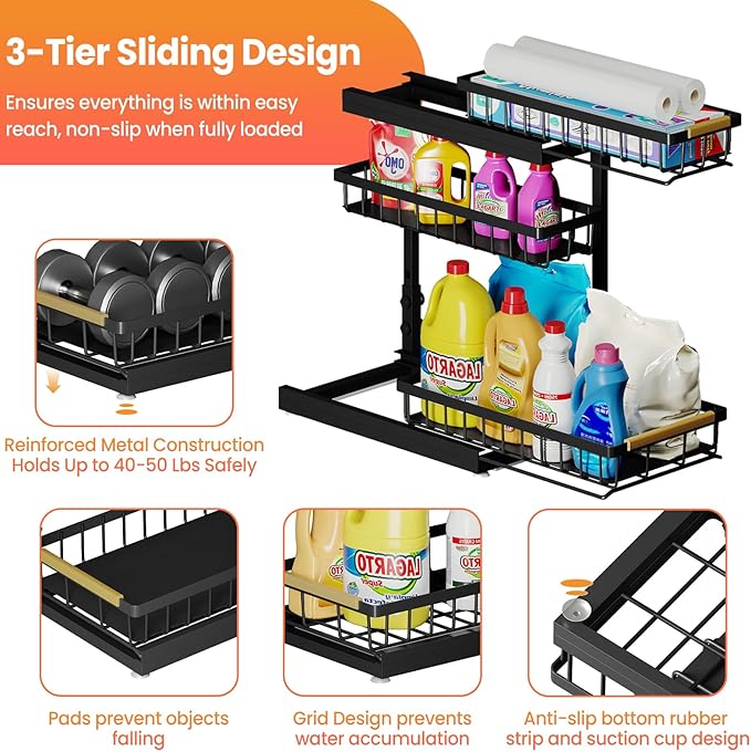 Under Sink Organizer and Storage for Bathroom and Kitchen - 2 Pack 3 Tier Under Cabinet Pull Out Shelf Organizers - Slide Out Drawer Organization for Home Cabinets Shelves and Drawers