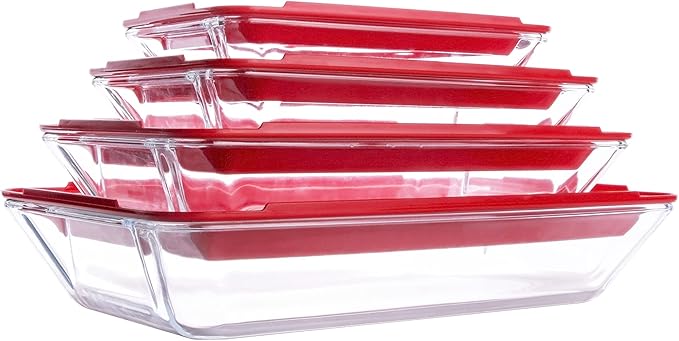 Set of 8 PCS Nesting Tempered Glass Bakeware Set, 4x Glass Baking Dishes and 4x BPA Free Lids. Oven, Refrigerator and Dishwasher Safe.