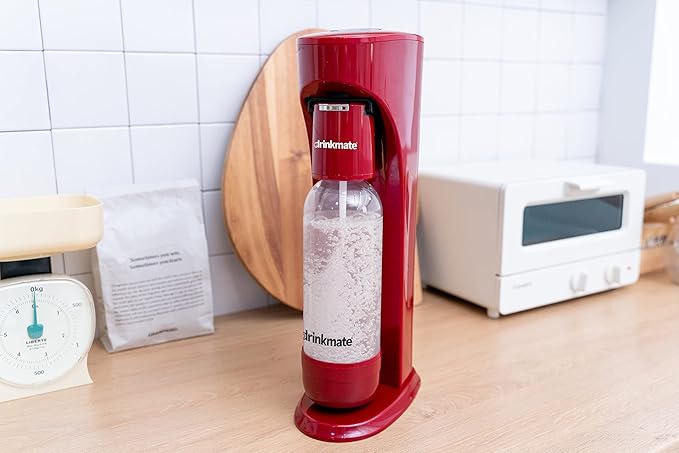Drinkmate OmniFizz Sparkling Water Maker & Soda Streaming Machine | Carbonates Any Drink | VALUE KIT | Includes Two 60L CO2 Cartridges + One BPA-Free Bottle (Royal Red)