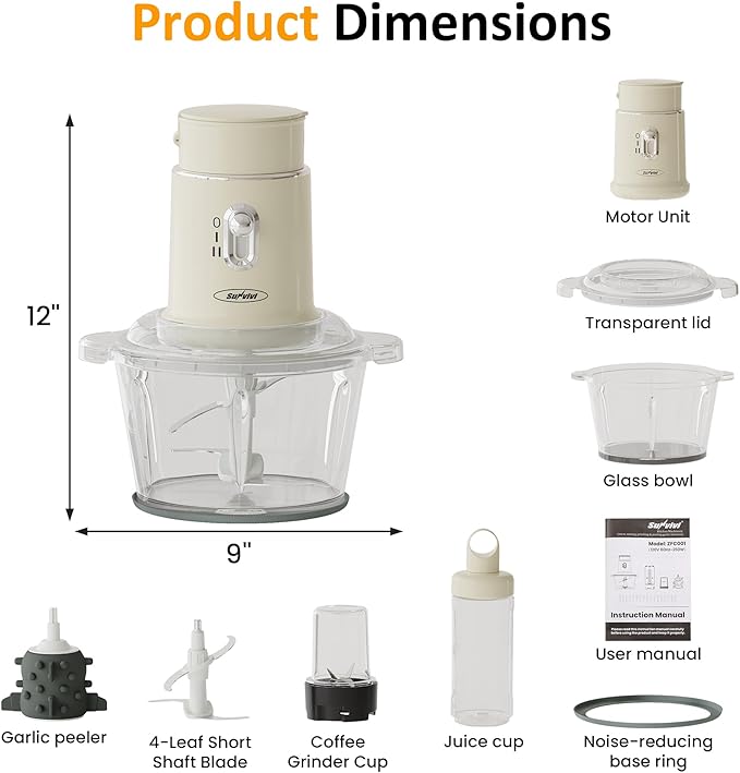 Sunvivi 4-in-1 Electric Food Chopper & Small Food Processor, Meat Grinder, Garlic Peeler & Juicer, 2-Speed Mini Food Processor with 1.5L Glass Bowl and 2 Cups (0.4L+0.2L), Beige
