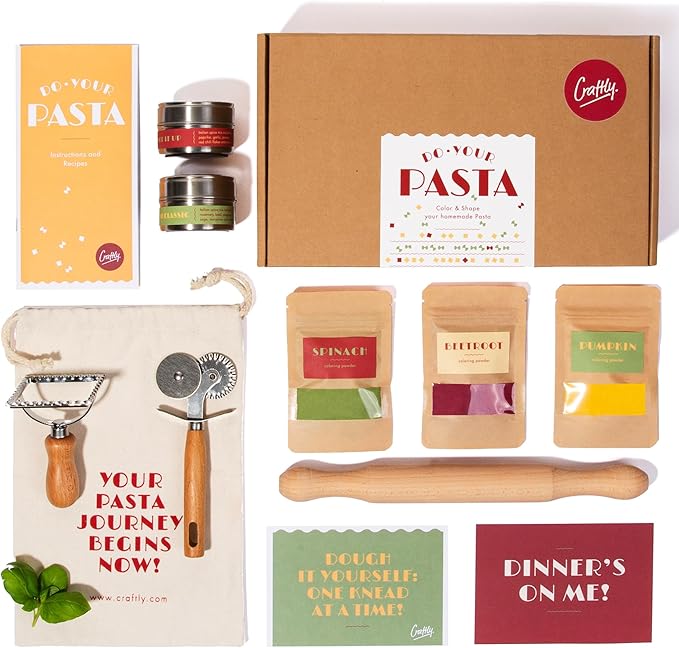 DIY Pasta Making Kit | Gourmet Pasta Set | All-in-One Set with Rolling Pin, Cutting Wheel, Ravioli Stamp, Spices & Pasta Dyes | Great Gift for Beginners and Experienced Cooks
