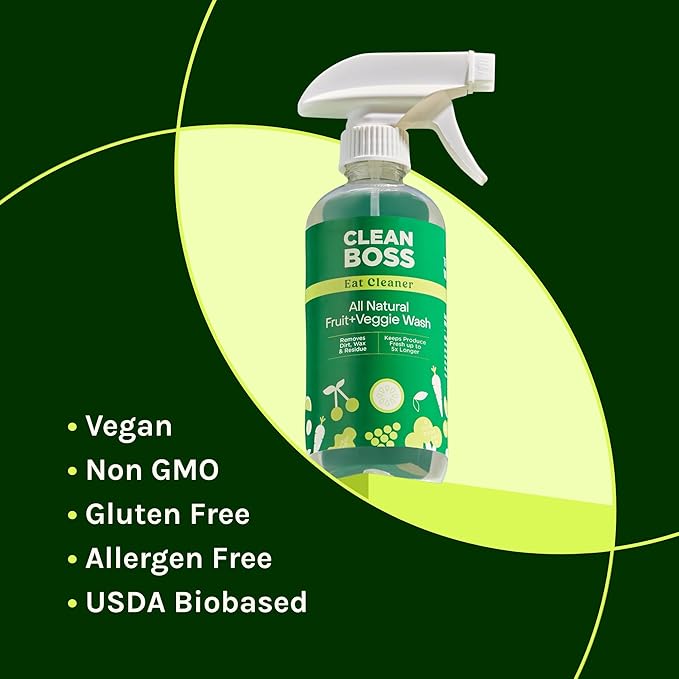 CleanBoss Eat Cleaner Triple-Action Fruit & Veggie Wash (12 oz, Pack of 3) + 64 oz Refill Jug - Removes Harmful Residue - Keeps Produce Fresh Up to 5X Longer - Vegan, Gluten Free