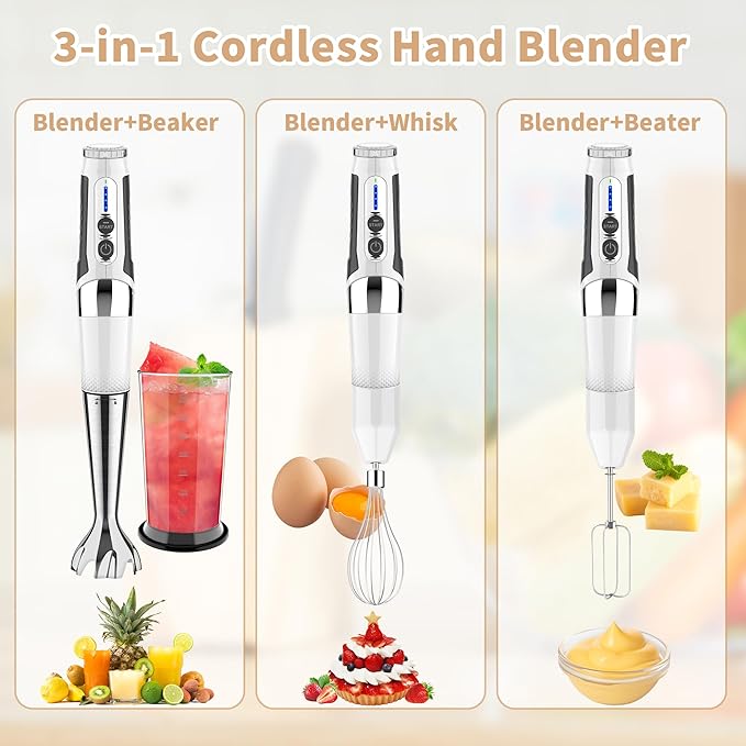 Toogel Cordless Immersion Blender, 3-in-1 Electric Hand Blender with 21-Speed & 3-Angle Adjust, USB Rechargeable, BPA-Free & Dishwasher Safe for Baby Food, Smoothies, Soup (White)