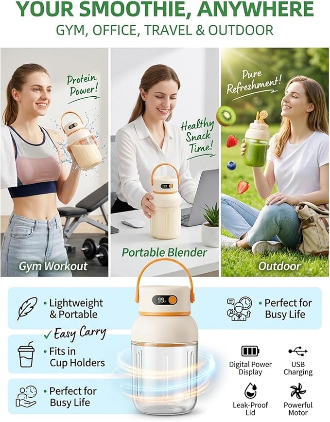 Portable Electric Juicer Cup with Zero Cord Hassle, Cordless USB-C Rechargeable, Leakproof Lid with Sip Spout, High Speed Motor for Smoothies and Shakes for Home Gym Office Travel Outdoor