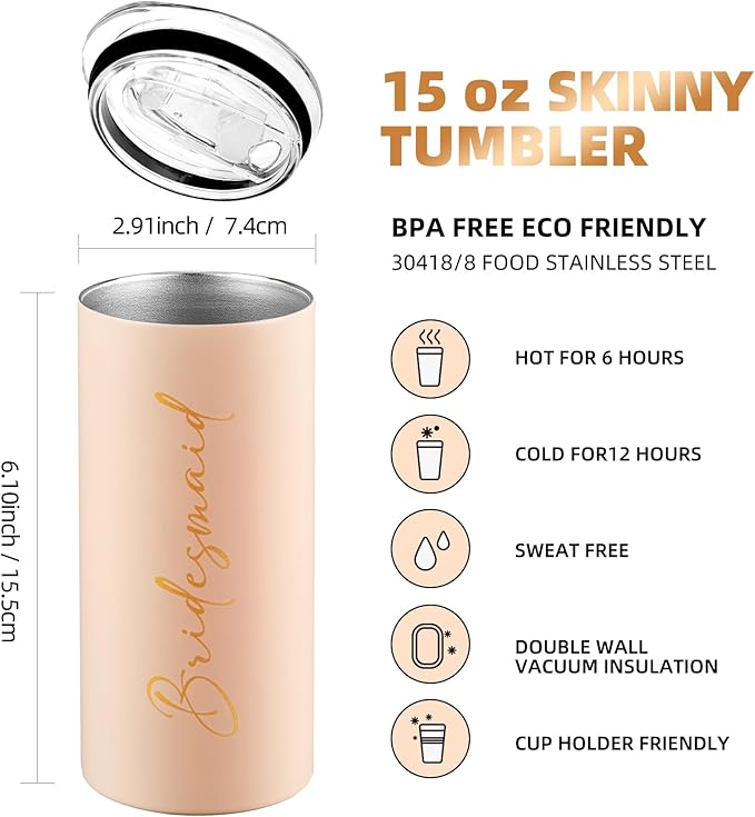 Bridesmaid Gifts Bridesmaid Proposal Gifts Bachelorette Cups Wedding Party Favors Stainless Steel Insulated Skinny Tumbler with Lid and Straw 15 OZ Pink