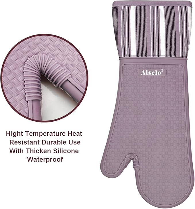 Alselo Silicone Oven Mitts Heat Resistant 550 Degree Extra Long Kitchen Gloves Pot Holders with Waterproof and Non-Silp for Baking Cooking Barbecue Microwave Machine Washable (Extra Long Purple, 2)