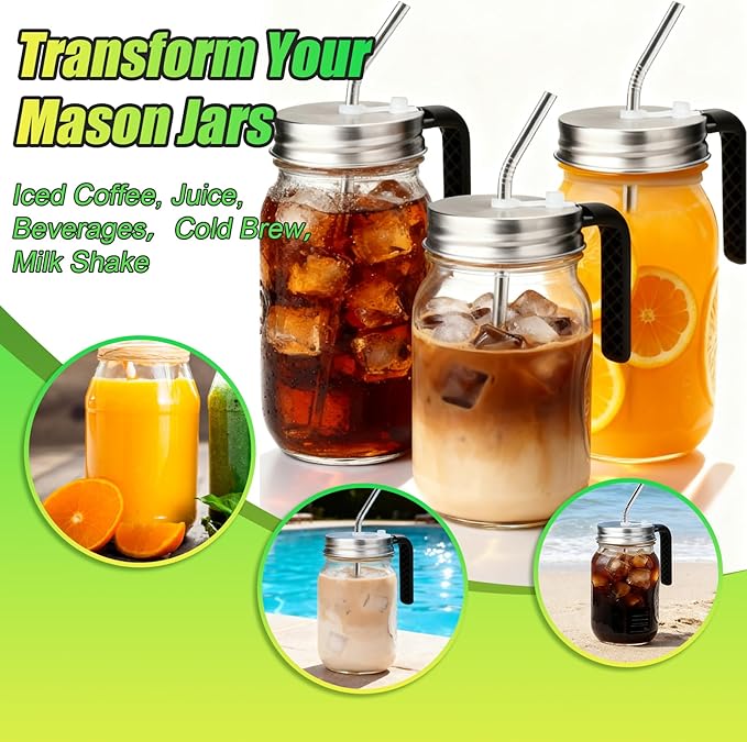 Palksky Mason Jar Lids with Straw Hole & Handle for Regular Mouth Jars, Leak-Resistant Drinking Lids with Extra Silicone Rings, Mason Jar Straw Lids for Iced Coffee, Lemonade, Juice (1 Pack)