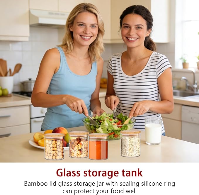SLifeJars - Glass Jars with Bamboo Lids 16 oz, 12pcs Glass Food Storage Jars with Rewritable Labels, Bamboo Lid Jar for Kitchen Storage, Food Storage Containers with Lids for Herbs