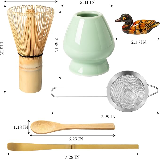 Matcha Whisk Set, Matcha Making Kit Whisk (Chasen Holder), Ceramic Whisk Holder (Light Green), Bamboo Scoop, Powder Starter Sifter, Spoon Japanese Tea Tools For Ceremony Gift