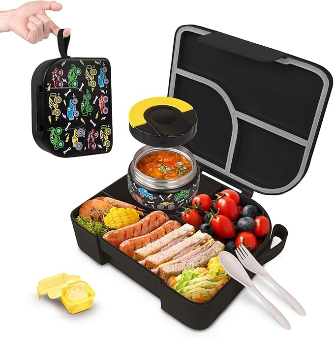 TinyPalsa Bento Box for Kids with 10oz Thermos, Durable Lunch Box with Leak Proof Insulated Food Jar, 3 Compartments with Portable Handle for Ages 3+, Dishwasher Safe, Ideal for School, Travel (Car)