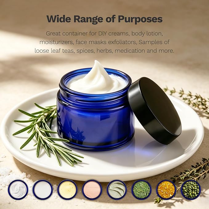 Bumobum 1 oz Blue Glass Jars with Lids, 48 pack Clear Small Jars with Black Lids, White Labels & Inner Liners, Empty Round Cosmetic Containers for Cream, Lotion