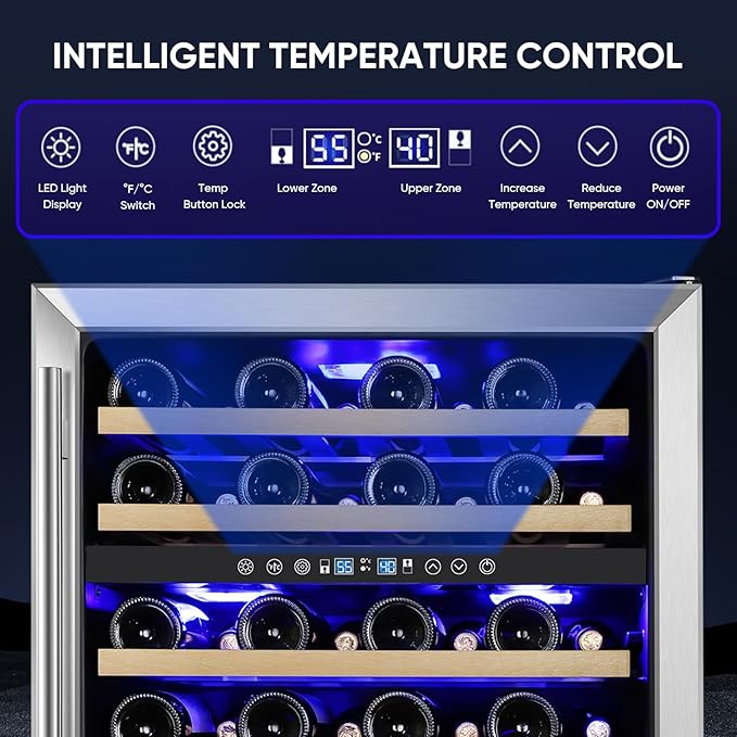 ORYMUSE 24 Inch Wine Cooler Refrigerator, 46 Bottle Dual Zone Wine Fridge with Stainless Steel Glass Door, Adjustable Shelves, Upgraded Compressor, Built-In Freestanding for Home, Bar, Kitchen