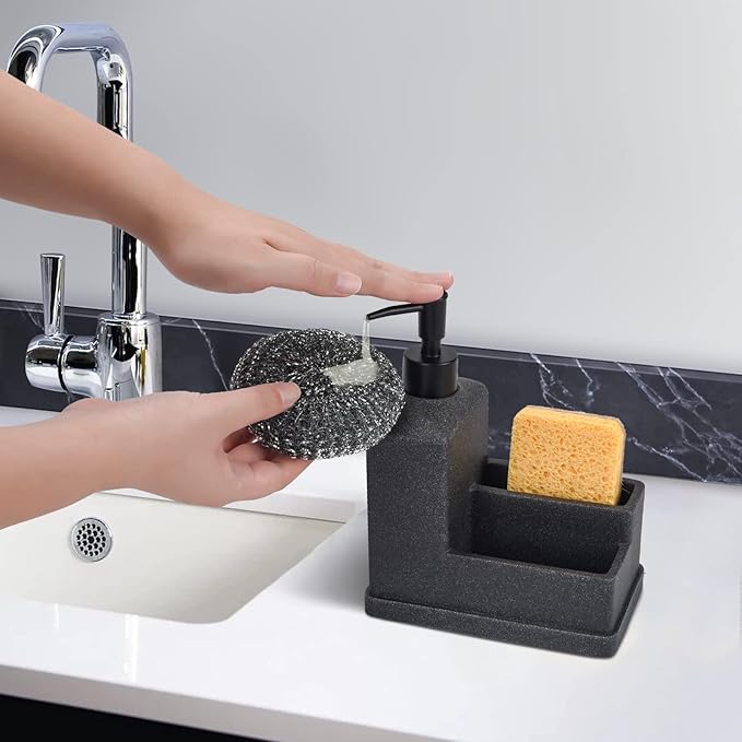 Dish Soap Dispenser with Sponge Holder,Liquid Hand and Dish Soap Dispenser and Spong Caddy with Brush Holder 3 in 1 Countertop Organizer for Kitchen Sink and Bathroom,Black
