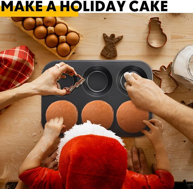 Blushtier 6 Pack Nonstick Jumbo Muffin Baking Pan Muffin Tins Heavy Duty Cupcake Tin Gold Carbon Steel Cup Cake Tray for Baking Cupcakes, Dishwasher Safe Small Muffins Tarts(Jumbo,Black)