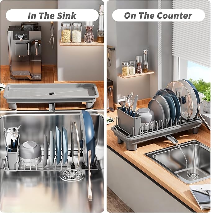 SanDream Small Dish Drying Rack with Removable Utensil Holder & Anti-Scratch Base - Stainless Steel Dish Rack, Dish Drying Rack with Drainage & Space Saving Design for Kitchen Counter, Gray