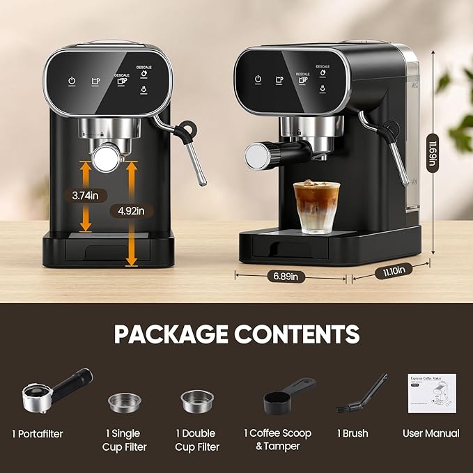 Horavie Espresso Machine 20 Bar, Home Espresso Maker with Touchscreen & Steam Milk Frother, Fast Heat-Up Coffee Machine with 48oz Removable Tank for Cappuccino, Latte, Americano, Black