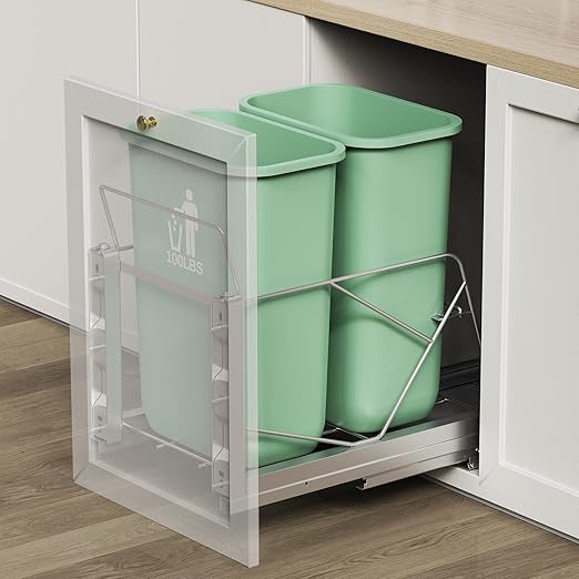 Dual Pull Out Trash Can Under Cabinet, Door Mount & Pull Handle Twin-Mode, Pull-Out Garbage Holder, Under Sink Pull-up Kit with Soft-Close Slides, for Kitchen, Sink, Drawer(Bin Not Included)