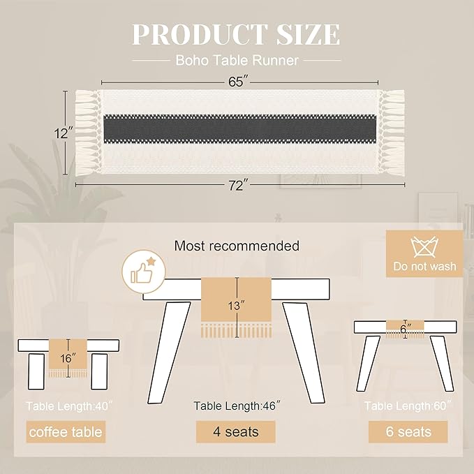 FEXIA Boho Table Runner for Christmas Home Decor with Tassels 72 Inches Long Farmhouse Grey Rustic Table Runner Macrame Burlap Table Decoration for Living Room Bridal Shower(12x72 Inches)