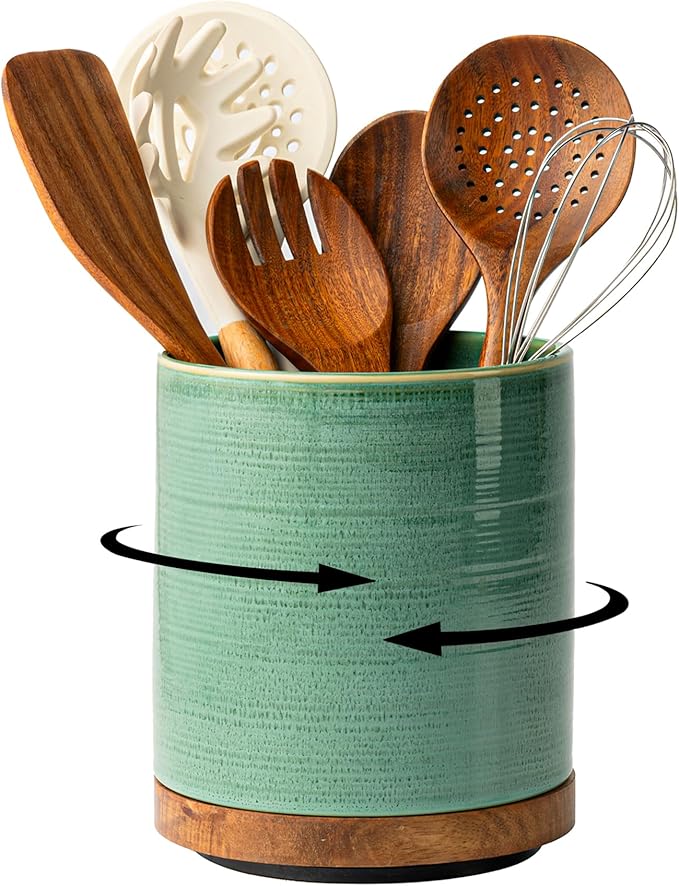 Utensil Holder, 360° Rotating Extra Large Ceramic Kitchen Utensil Holder for Countertop, 7.3“ Cooking Utensil Crocks for Kitchen Counter with Rotatable Wooden Base, Farmhouse Decor, Forest Green