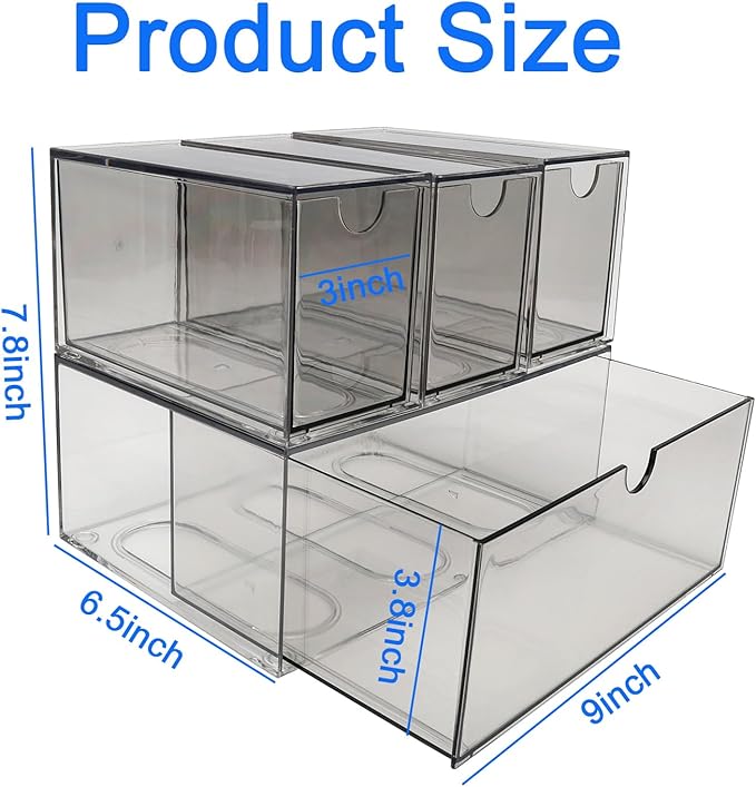 6-Pack Tea Bag Drawers Organizer – Clear Plastic Tea Bag Holder, Stackable & Portable, Wide Storage Drawers for Cabinet, Pantry, Kitchen Counter, Herbal Tea, Coffee Pods (4-Tier)