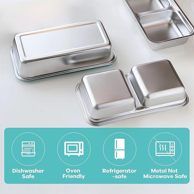 2Pcs 304 Stainless Steel Snack Containers, 2 Compartments Portable Food Storage Bento Boxes with Lids, Divided Meal Prep Lunch Box Food Container Dishwasher Safe