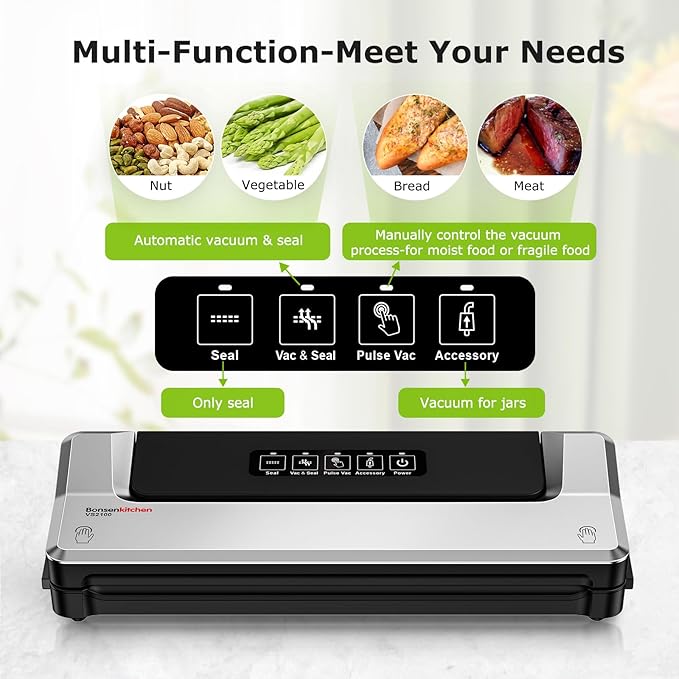 Bonsenkitchen Vacuum Sealer Machine with Mason Jar Sealer Kit | Compact Food Sealer for Kitchen Storage & Meal Prep | Multiple Modes | External Vacuum System & 40 Vacuum Bags, Silver