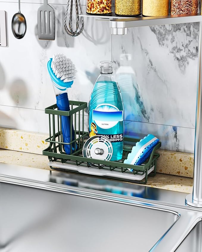 Consumest Sponge Holder for Kitchen Sink - Kitchen Sink Caddy Organizer with Removable Drip Tray for Countertop Dish Soap Dispenser Brush Storage Accessories 304 Stainless Steel, Green