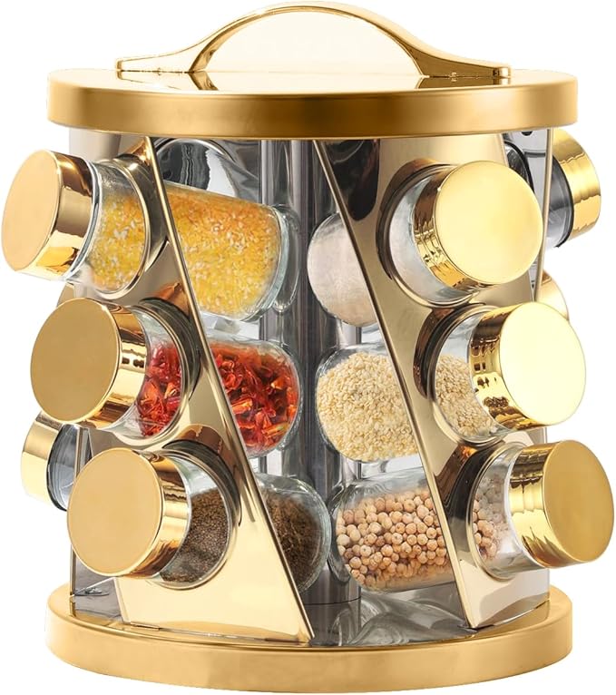 Portable Stainless Steel Spice Rack with 12 Spice Jars Included Revolving Spice Organizer for Kitchen Tower Storage Rack for Spices and Seasoning Gold