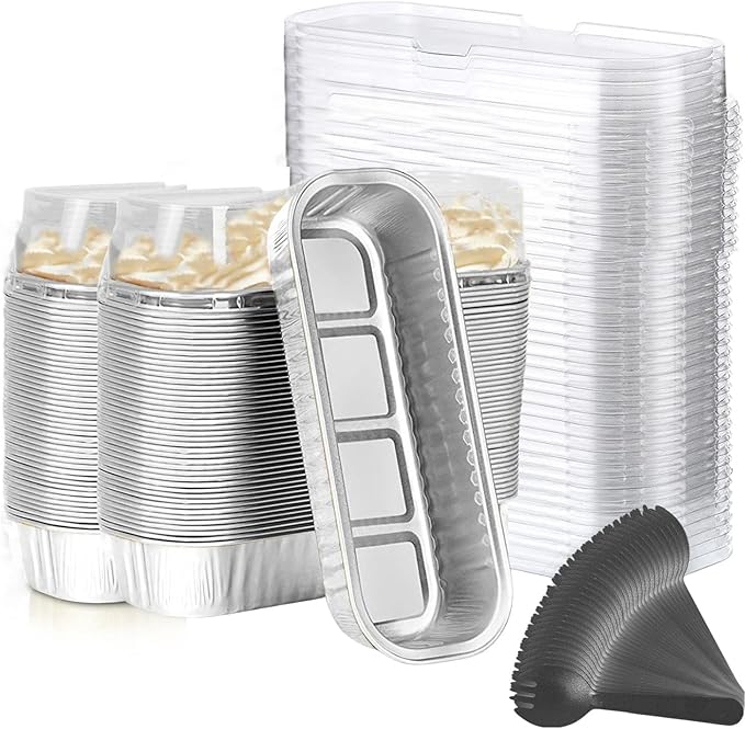 Findful Mini Loaf Baking Pans with Lids And Spoons (100 Pack, 6.8oz) Rectangle Aluminum Foil Baking Pans Tins Containers - Cupcake Containers Wrappers Cheesecake Creme Brulee Ramekins