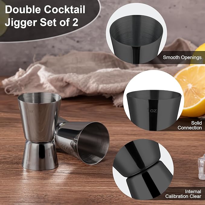 Briout Jigger for Bartending, 2 Pcs Double Cocktail Jigger Japanese Premium 304 Food Grade Stainless Steel Jigger 1 OZ 1/2 OZ, Flat Edge Black