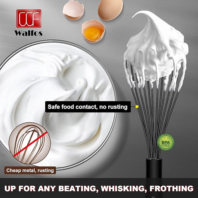 Walfos Whisk 11inch Flat Whisks and 10inch Balloon Whisk Combo,Silicone whisks for cooking,Non Scratch Coated Wisk,Suitable for Ceramic Coated pans and Wider shallower pots.(2pcs black)