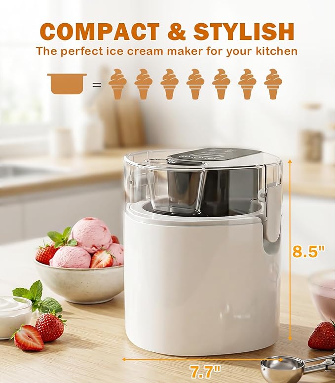Ice Cream Maker Machine, 1.52 Quarts Ice Cream, Sorbet and Frozen Yogurt Machine, 1.52-Qt Insulated Freezer Bowl, LCD Screen and Timer, Quick Results, Easy to Operate and Clean