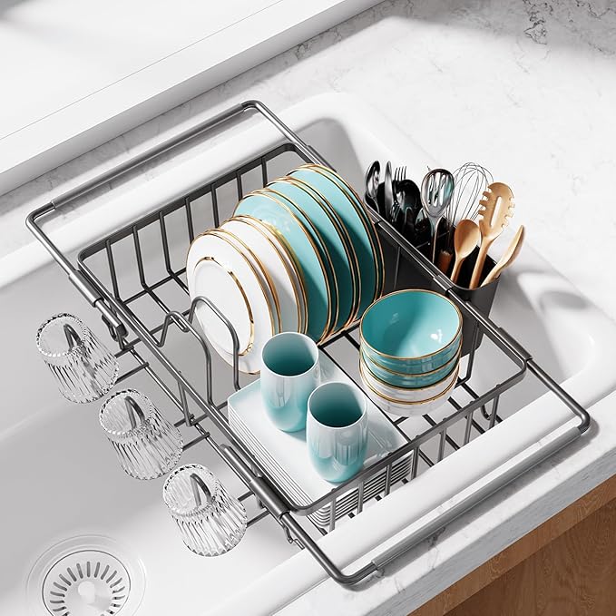 Sakugi Dish Drying Rack in Sink - Expandable Stainless Steel Dish Rack Over the Sink, Kitchen Sink Drain Strainer with Cutlery Holder & Cup Holders, 15.4 x 9.8 x 3.0 Inch, Grey