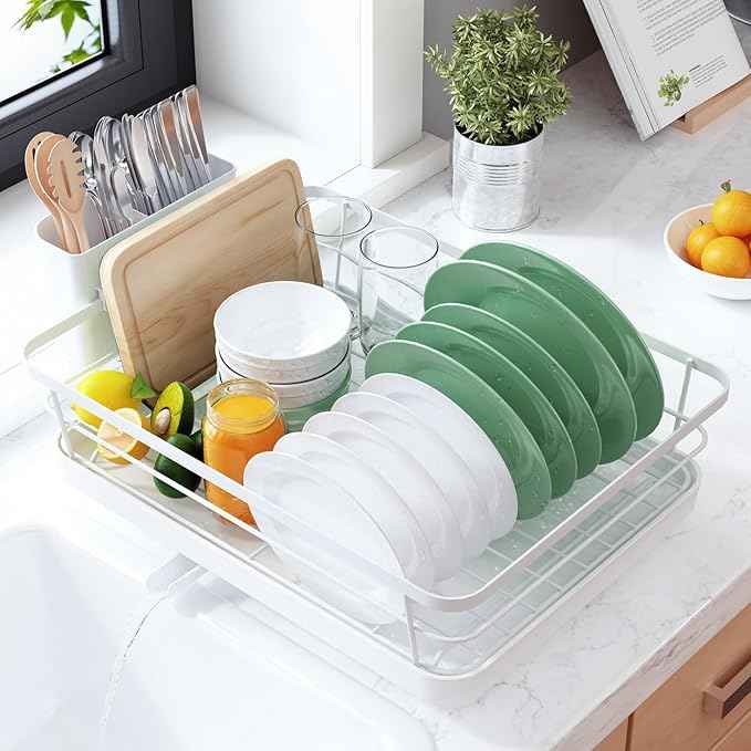 Kitsure Dish Drying Rack for Kitchen Counter, Stainless Steel Sink Organization and Storage Essentials with Cutlery Holder, Home and Appartment Decor, 12''W x 15.5''L, White