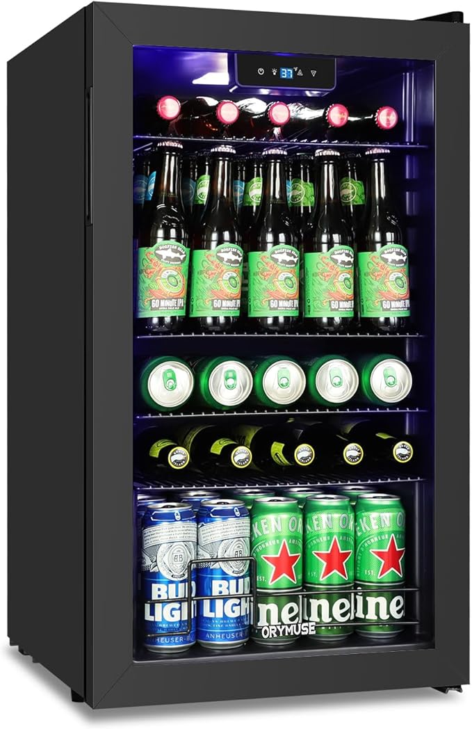 ORYMUSE 3.2 Cu.Ft Beverage Refrigerator, 130 Can Mini Fridge with Glass Door & Digital Temperature Control, Compressor Cooling Freestanding Cooler for Soda, Beer, Wine, Home, Office & Bar - Black