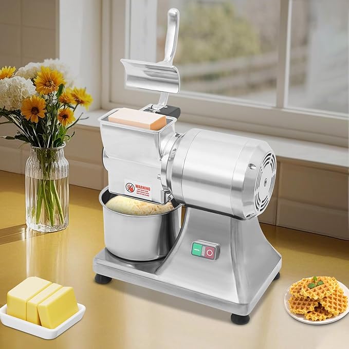 Electric Cheese Grating Machine, 550W 110V Multifunctional Automatic Vegetable Cutter and Food Processor Stainless Steel Crushing Barrel Food for Cheese Butter Bread Bran 88Lbs/h Production
