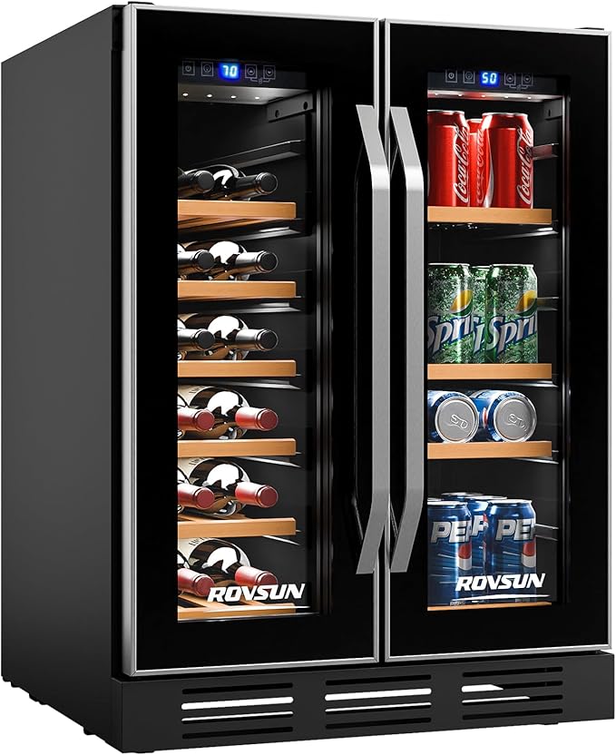 ROVSUN 34 Bottle Wine Fridge - Dual Zone Beverage Refrigerator w/Independent Temp Control & LED Panel, Built-in/Freestanding/Under Counter Chiller for Red/White Wine, Champagne, Beer