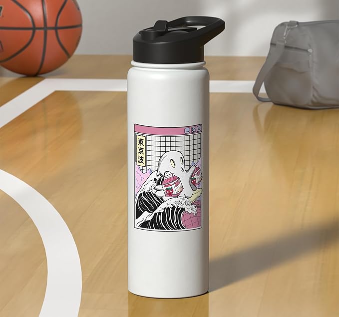 Surfing Ghost Strawberry Milk Cartons Anime Kawaii Vaporwave Stainless Steel Insulated Water Bottle