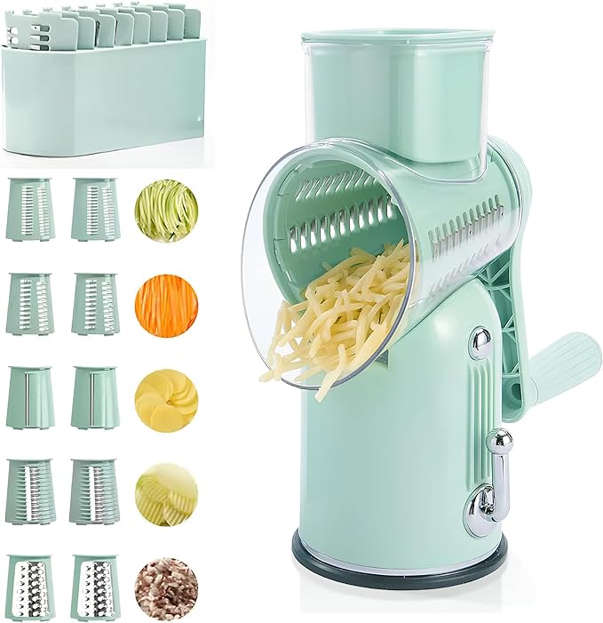 5-in-1 Manual Rotary Cheese Grater with Handle – Stainless Steel Blades for Slicing, Shredding, Grinding & Wavy Cuts – Strong Suction Base, Blade Storage Box – Green