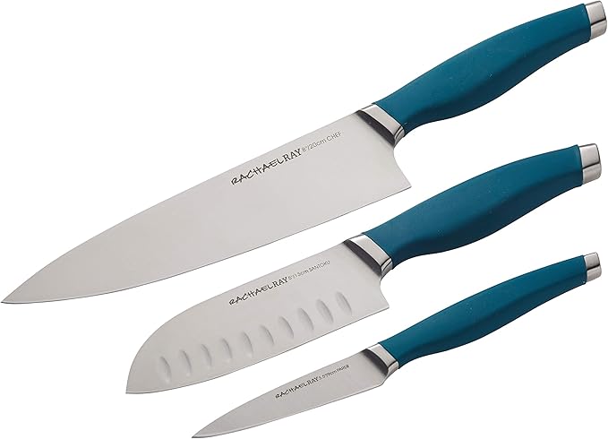 Rachael Ray Cutlery Japanese Stainless Steel Knives Set with Sheaths, 8-Inch Chef Knife, 5-Inch Santoku Knife, and 3.5-Inch Paring Knife, Teal