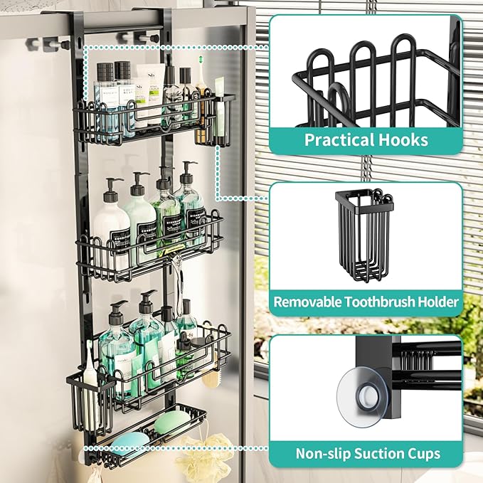 HapiRm 4 Tier Over the Door Shower Caddy + Multifunctional Kitchen Sink Caddy with Drain Tray - Black, Silver