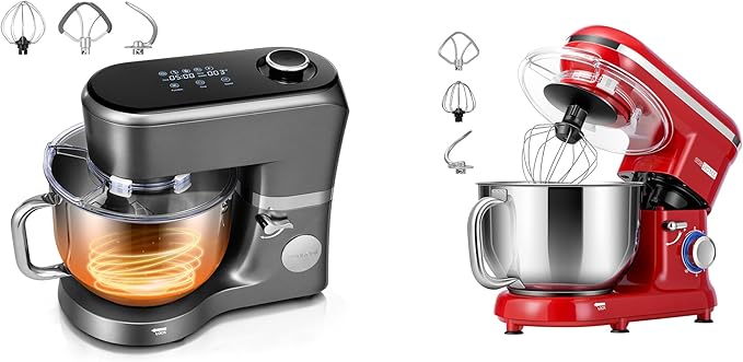 VIVOHOME Stand Mixer with Fermentation, One-Touch Presets, and 6 Qt Bowl, Gray, and VIVOHOME 660W 10 Speed 6 Quart Stand Mixer with Beater, Dough Hook, Wire Whip and Egg Separator, Red