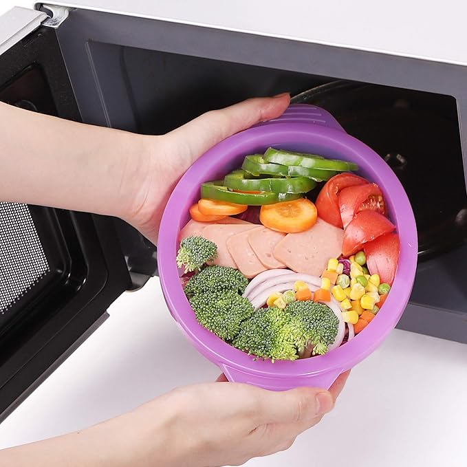 Microwave Steamer Cooker Collapsible Bowl-Silicone Steamer Cookware with Handle Lid for Vegetables Fish Prep Meal Food with Removable Rack BPA Free, Easy to Store, Freezer & Dishwasher Safe, Purple