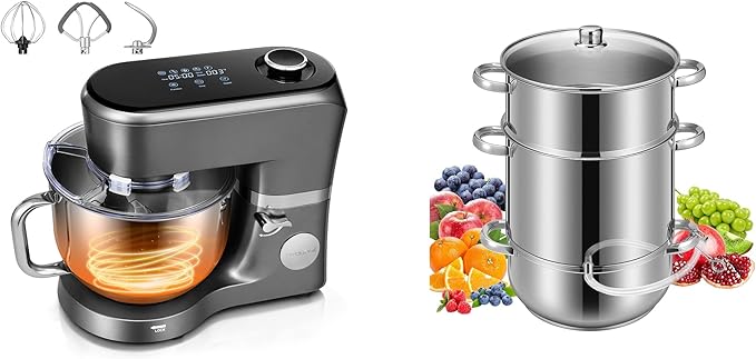 VIVOHOME Stand Mixer with Fermentation, One-Touch Presets, and 6 Qt Bowl, Gray, and VIVOHOME Stainless Steel Juicer Steamer Pot 11 Qt with Tempered Glass Lid