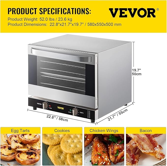 VEVOR Commercial Convection Oven, 66L/60Qt, Half-Size Conventional Oven Countertop, 1800W 4-Tier Toaster w/Front Glass Door, w/Trays Wire Racks Clip Gloves, 120V